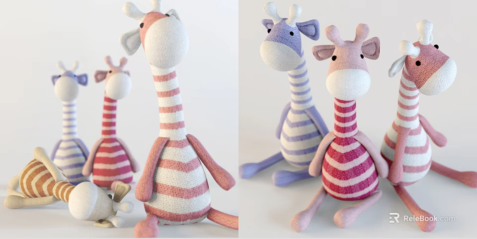 Adorable Plush Giraffe Dolls With Pink Purple And White Striped Design 3d model 