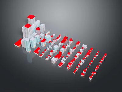 3D Urban Building Models Showcasing White Red Structures Different Heights Irregular Layout 3d model