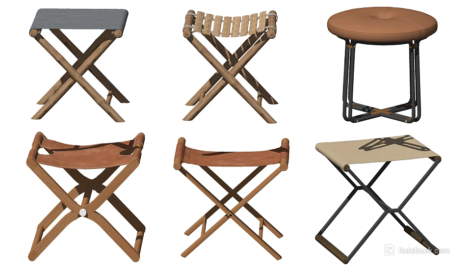 Various Stylish Stools With Cross Legged Design Wooden Leather And Metal Frames 3d model 