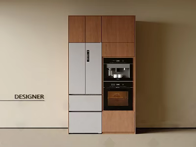 Designer Modern Refrigerator Cabinet With Wooden Panels Silver Appliance Section And Built-in Oven 3d model