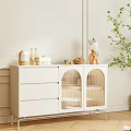 Stylish White Sideboard With Drawers Glass Doors And Decorative Fruits Kettle Green Plant