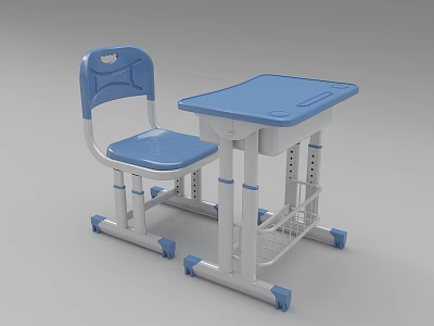 Blue Student Desk With White Frame Matching Chair And Small Basket 3d model