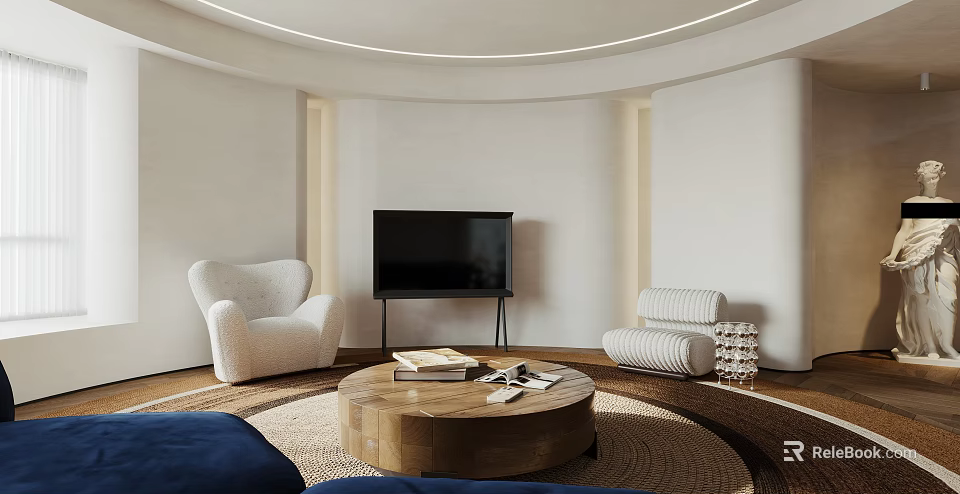 Modern Living Room Interior Design with Round Rug Wooden Coffee Table White Armchair Striped Sofa 3d model 