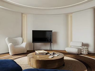 Modern Living Room Interior Design with Round Rug Wooden Coffee Table White Armchair Striped Sofa 3d model