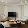 Modern Living Room Interior Design with Round Rug Wooden Coffee Table White Armchair Striped Sofa