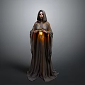 Hooded Woman In Long Robe Holding Glowing Lantern Against Gray Background