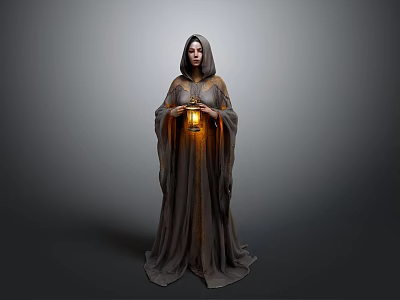 Hooded Woman In Long Robe Holding Glowing Lantern Against Gray Background 3d model