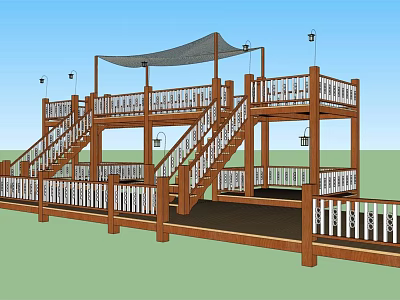 Outdoor Multi Level Wooden Roadside Platform With Stairs Railings And Canopy 3d model