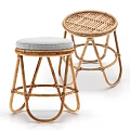 Sturdy Rattan Stool with Round Gray Padded Seat and Handwoven Frame Design