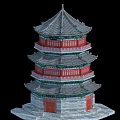 Traditional Chinese Pagoda With Multiple Tiers Gray Roof Red Windows Green Decorations And Stone Base
