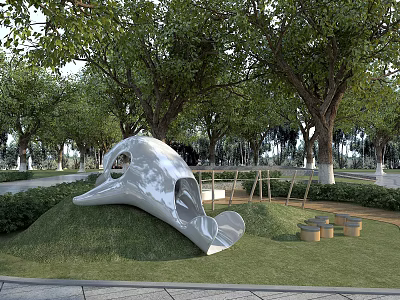 White Dolphin Head Garden Sculpture on Green Lawn with Trees and Barrel Decorations 3d model