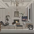 Elegant Light French Living And Dining Room Interior Design With Luxury Chandelier And Cozy Fireplace