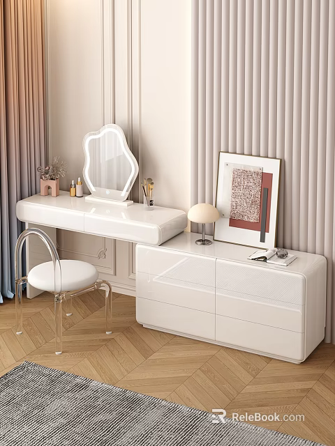 Elegant Modern White Dressing Table Interior With Mirror Acrylic Stool And Side Cabinet 3d model 
