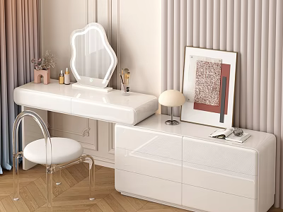 Elegant Modern White Dressing Table Interior With Mirror Acrylic Stool And Side Cabinet 3d model
