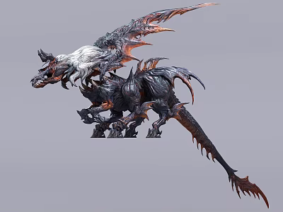 Detailed 3D Dragon Model With Black Red Scales Spiked Wings White Mane And Sharp Claws 3d model