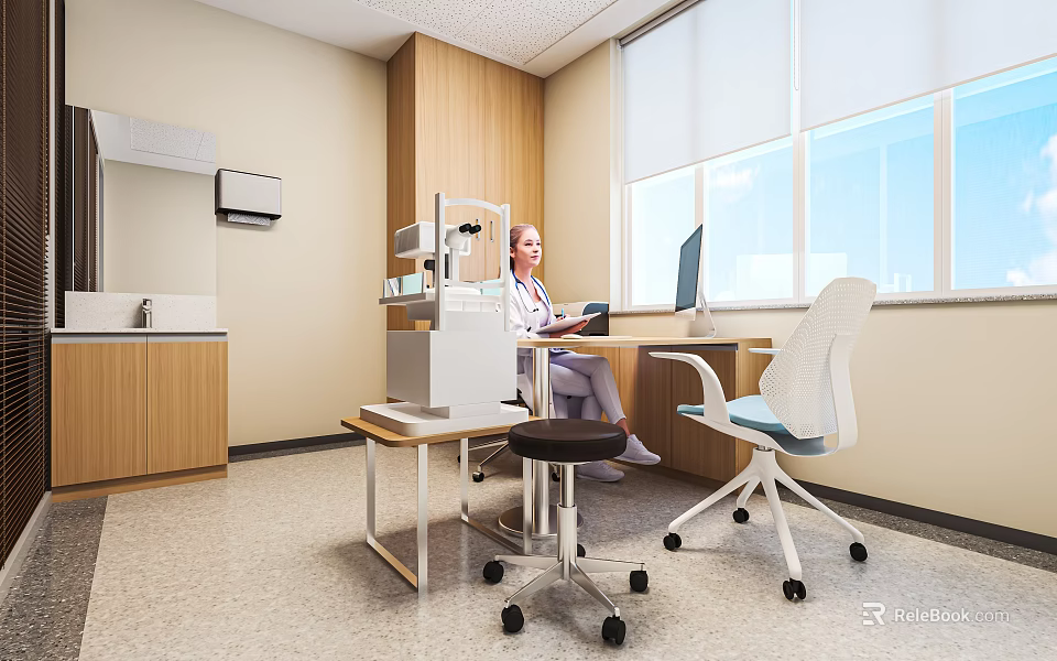 Hospital Outpatient Clinic Interior With Female Doctor Medical Equipment Computer And Wooden Cabinets 3d model 