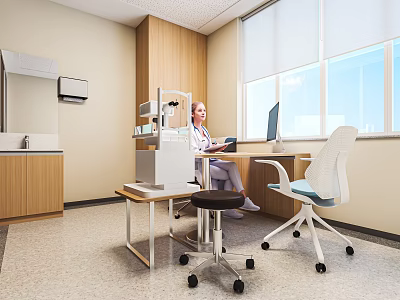 Hospital Outpatient Clinic Interior With Female Doctor Medical Equipment Computer And Wooden Cabinets 3d model
