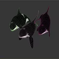 Three Black And White Orcas Swimming In Dark Background With Reflective Surface