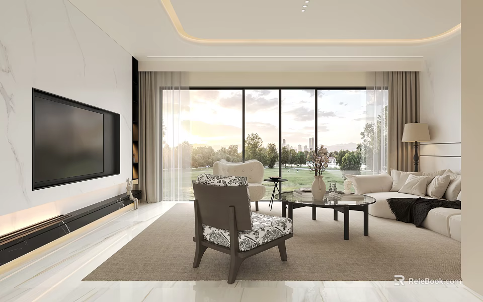 Modern Living Room Interior With Large Windows Curtains Sofa Coffee Table TV And Scenic View 3d model 