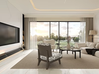 Modern Living Room Interior With Large Windows Curtains Sofa Coffee Table TV And Scenic View 3d model