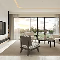 Modern Living Room Interior With Large Windows Curtains Sofa Coffee Table TV And Scenic View