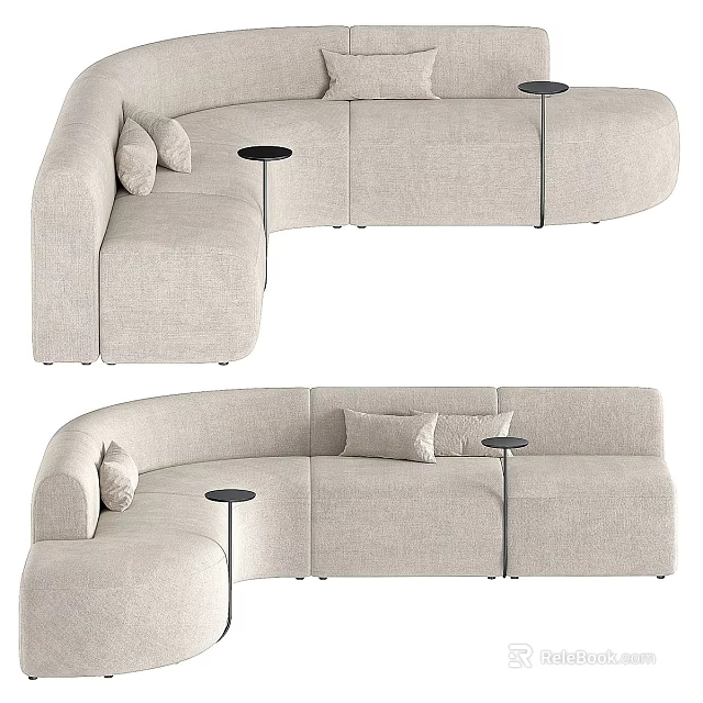 Curved Beige Sectional Sofa With Comfortable Cushions And Side Tables 3d model 
