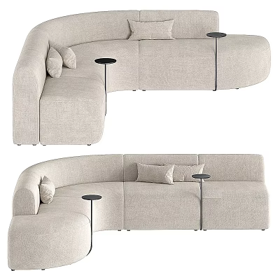 Curved Beige Sectional Sofa With Comfortable Cushions And Side Tables 3d model