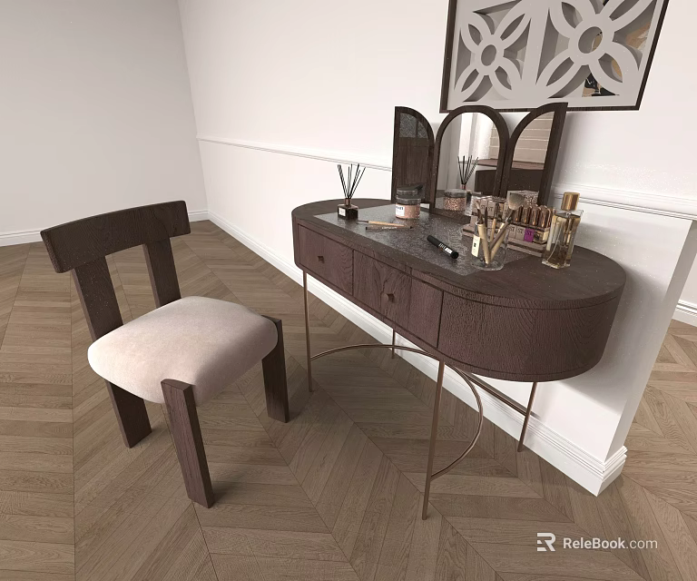 Elegant Modern Dressing Table With Mirror Side Chair Cosmetics Perfume Bottles And Herringbone Wooden Floor 3d model 