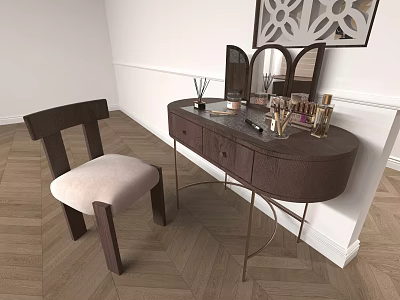 Elegant Modern Dressing Table With Mirror Side Chair Cosmetics Perfume Bottles And Herringbone Wooden Floor 3d model