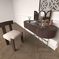 Elegant Modern Dressing Table With Mirror Side Chair Cosmetics Perfume Bottles And Herringbone Wooden Floor