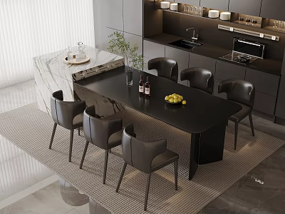 Modern Black Dining Table Set With Gray Leather Chairs Grapes And Wine Bottles 3d model