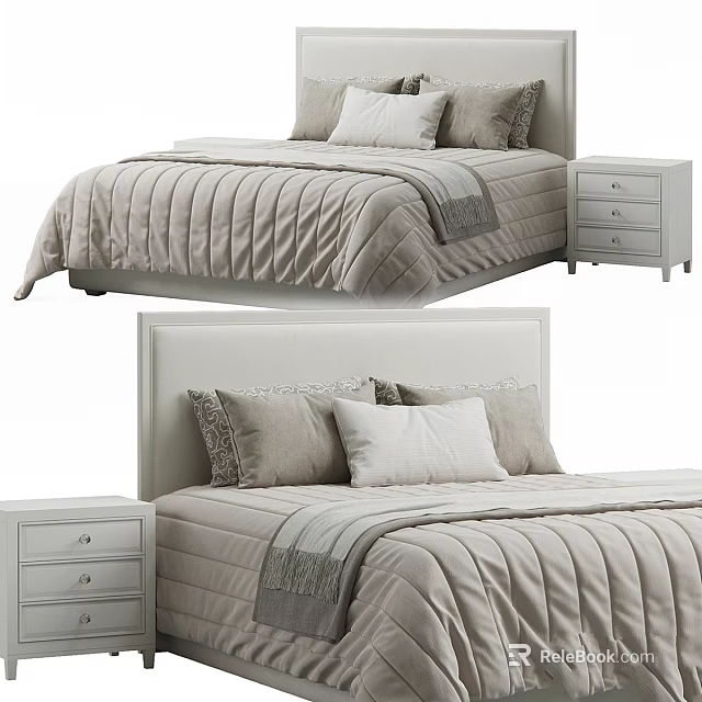 Modern Light Colored Bed with Headboard Soft Pillows Quilt and Nightstand 3d model 