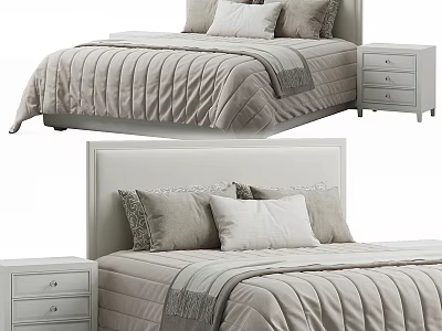 Modern Light Colored Bed with Headboard Soft Pillows Quilt and Nightstand 3d model