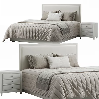 Modern Light Colored Bed with Headboard Soft Pillows Quilt and Nightstand 3d model