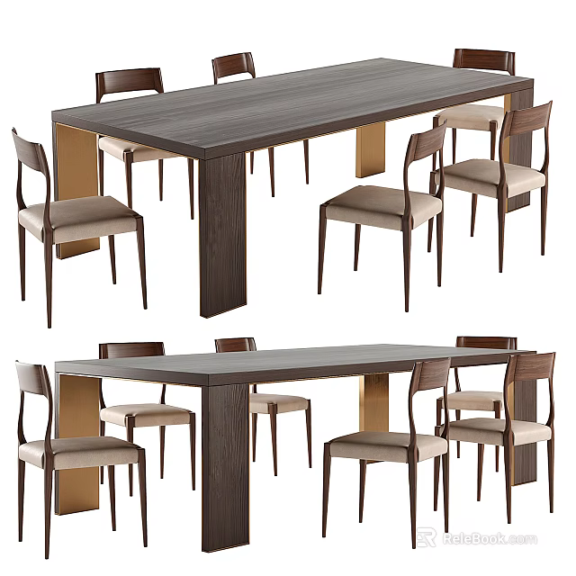 Modern Wooden Dining Table Set With Upholstered Chairs And Rectangular Top 3d model