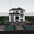 Elegant Detached Villa Featuring White Exterior Black Roof Large Windows And Landscaped Yard