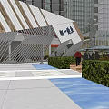 Modern Commercial Street Featuring Retail Shops Pedestrians Benches Fountains and Greenery