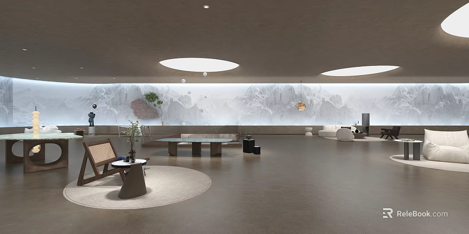 Modern Interior Hall with Circular Skylights Mountain Landscape Wall Green Plants and Furniture 3d model 
