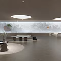 Modern Interior Hall with Circular Skylights Mountain Landscape Wall Green Plants and Furniture