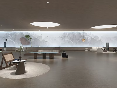 Modern Interior Hall with Circular Skylights Mountain Landscape Wall Green Plants and Furniture 3d model