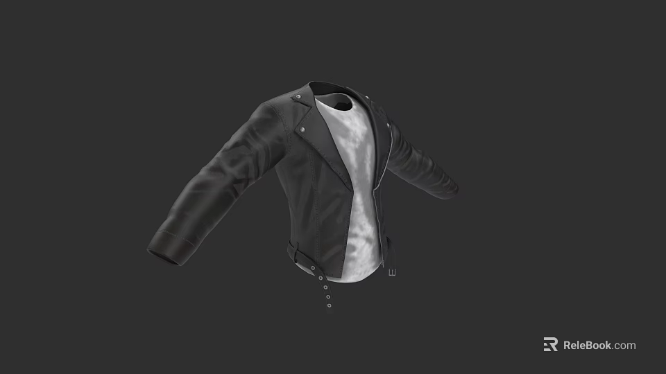 Stylish Black Leather Jacket With White T-shirt Classic Design For Casual Outfit 3d model 