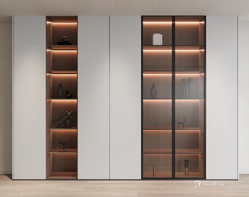 Modern Minimalist Bookcase With Glass Doors Wooden Shelves And Built In Lighting 3d model 