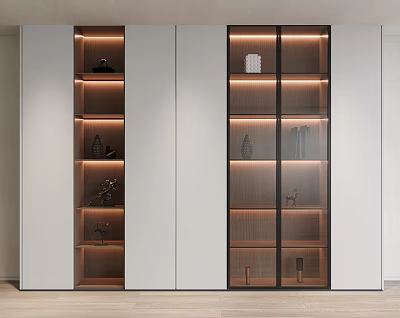 Modern Minimalist Bookcase With Glass Doors Wooden Shelves And Built In Lighting 3d model