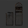 Vintage Iron Gate Components With Short Vertical Slats And Tall Arched Top Grille Design