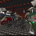 Lively Urban Food Court With Hanging Red Lanterns Western Restaurant Pizza Steak Container Shops Tables And Chairs