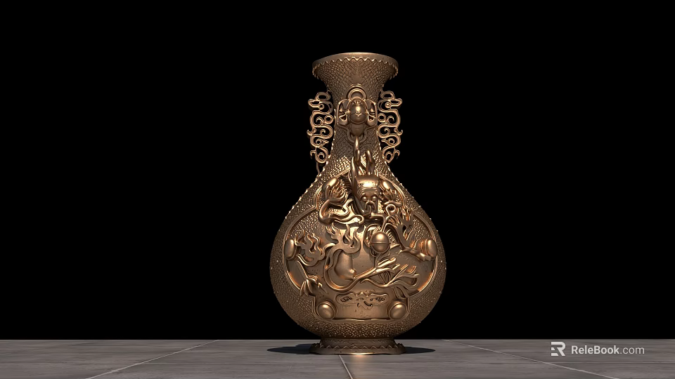 Elegant Golden Carved Dragon Pattern Vase Ornamental Decor Set for Home Decoration 3d model 