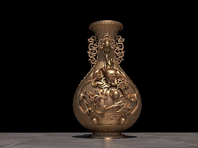 Elegant Golden Carved Dragon Pattern Vase Ornamental Decor Set for Home Decoration 3d model