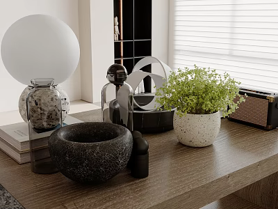 Wooden Tabletop Decor With Spherical Lampshade Green Plant And Metal Sculpture 3d model