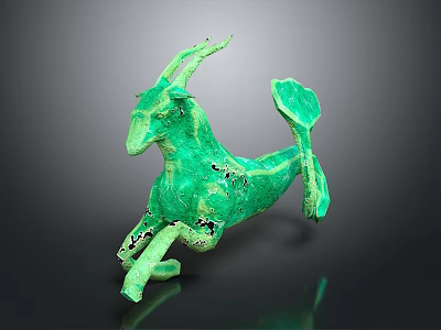 Green Bronze Goat Sculpture in Dynamic Jumping Pose with Detailed Horns and Tail 3d model