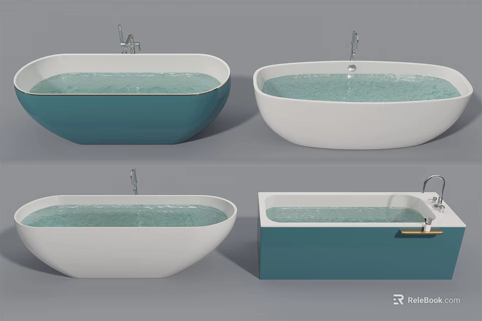 Modern Blue And White Oval Freestanding And Rectangular Built in Bathtubs With Faucets And Water 3d model 